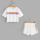 Romwe Striped Tape Crop Tee With Shorts