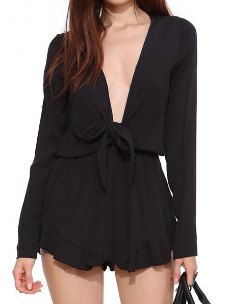 Romwe Black Deep V Neck Knotted Ruffle Chiffon Jumpsuit