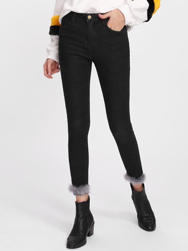 Romwe Faux Fur Contrast Trim Skinny Jeans
