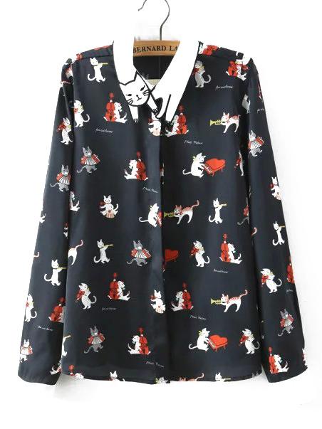 Romwe Black Embroidered Collar Cat Print Blouse