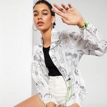 Romwe Zip Up Drawstring Waist Allover Figure Print Jacket