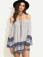 Romwe Tribal Print Off The Shoulder Bell Sleeve Ruffle Dress