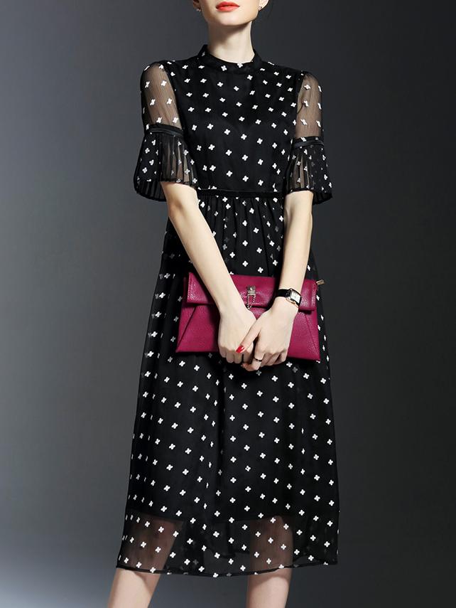 Romwe White Sheer Bell Sleeve Print Dress
