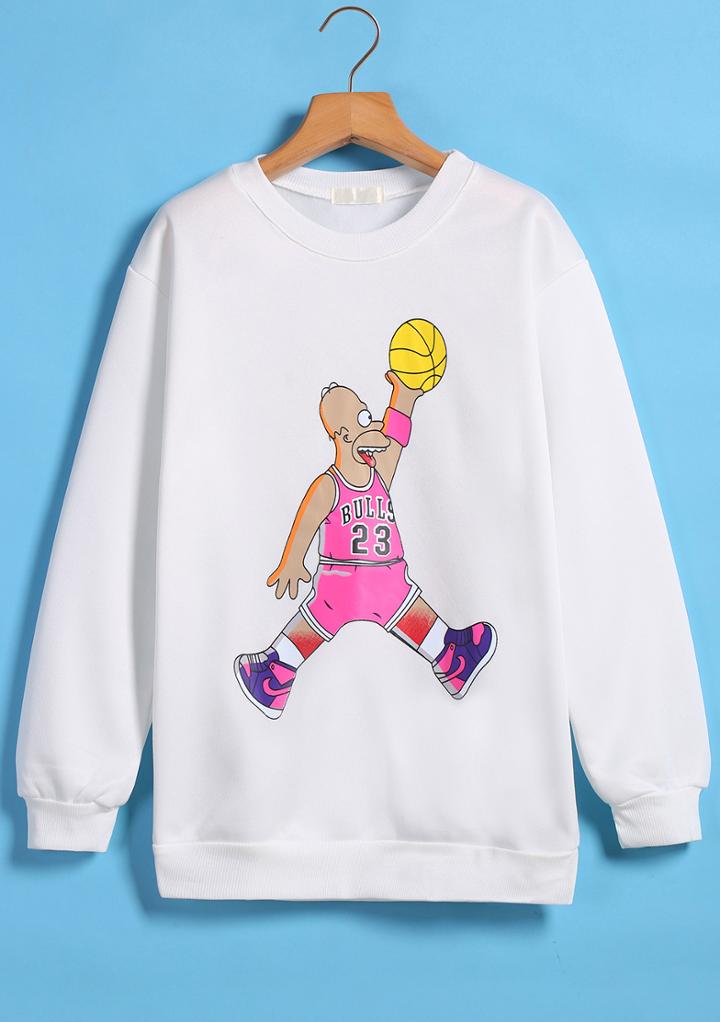 Romwe Simpson Basketball Print White Sweatshirt