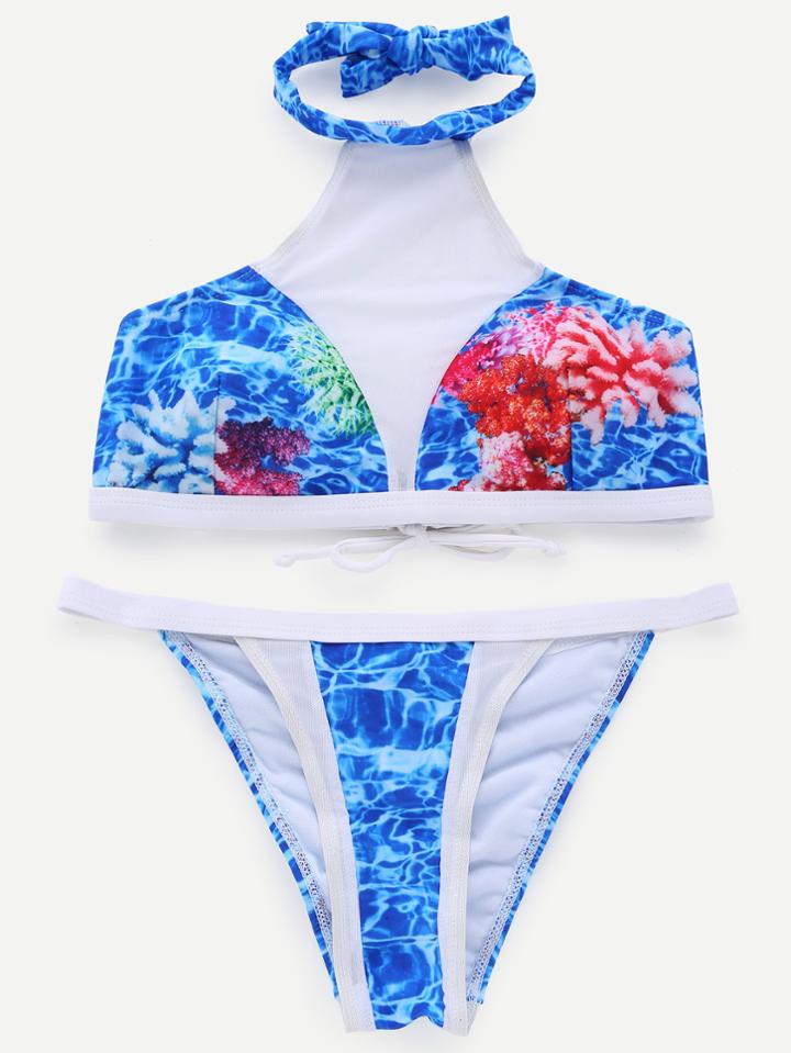 Romwe Blue Halter Florals Tie Back Bikini Set
