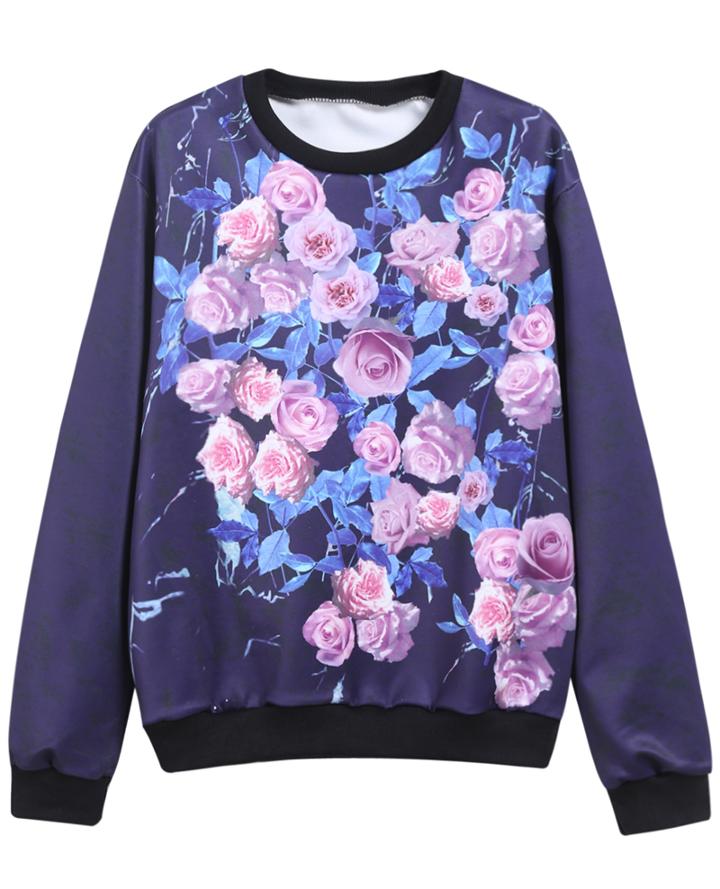 Romwe Rose Print Round Neck Loose Sweatshirt