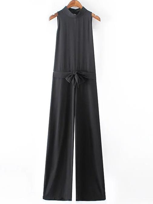 Romwe Black High Neck Cutout Back Siamese Trousers With Belt
