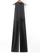 Romwe Black High Neck Cutout Back Siamese Trousers With Belt