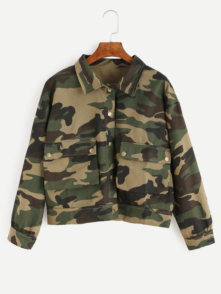 Romwe Olive Green Camo Print Flap Pocket Front Jacket