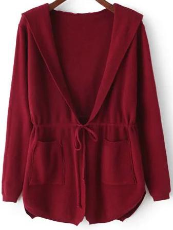 Romwe Red Hooded Long Sleeve Pockets Cardigan