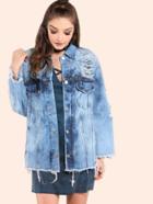 Romwe Oversized Light Acid Washed Denim Sleeve Crop Jacket Denim