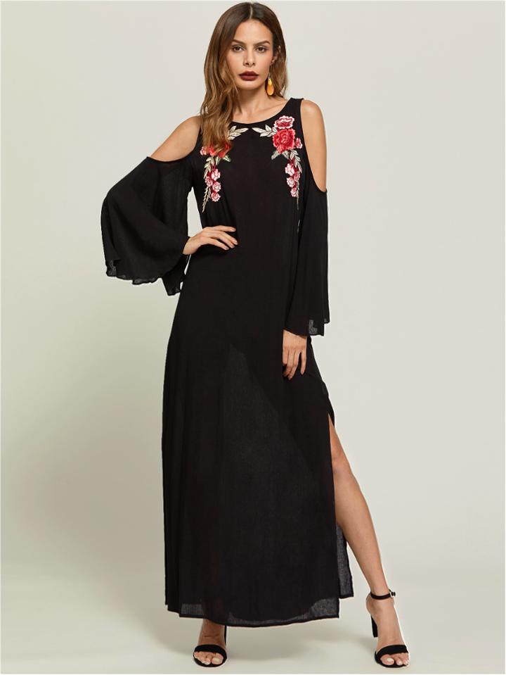 Romwe Symmetrical Embroidery Patch Bell Sleeve Slit Side Dress