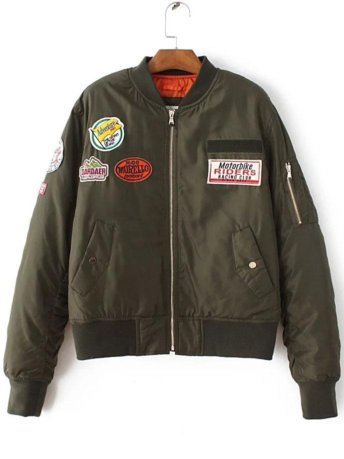 Romwe Army Green Zipper Pocket Patch Padded Jacket