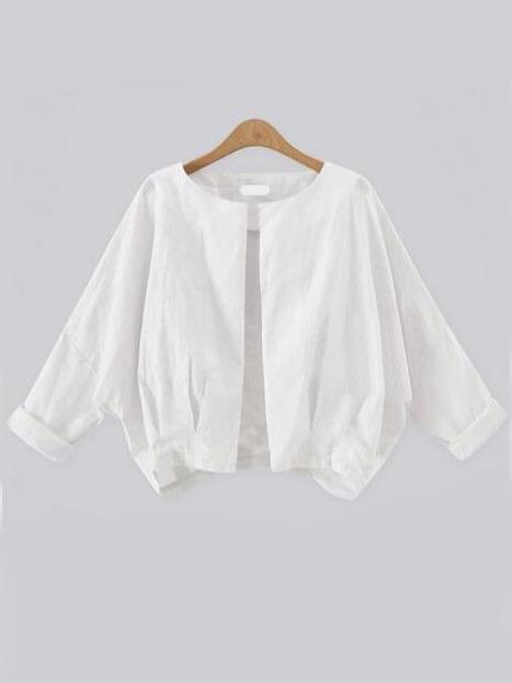 Romwe White Open Front Pleated Dolman Sleeve Coat