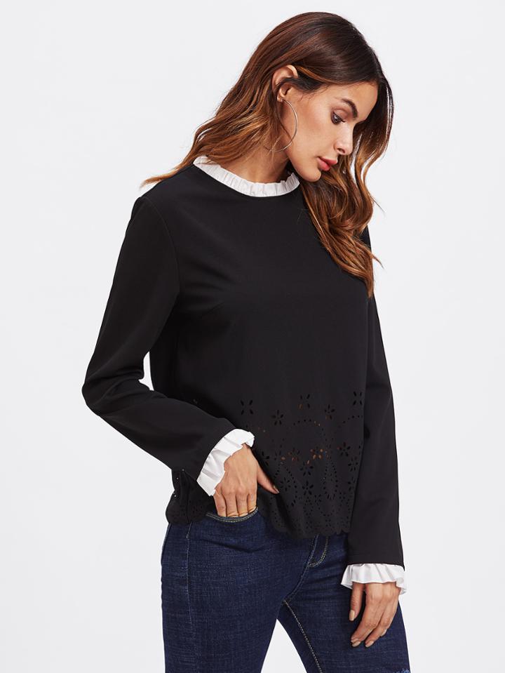 Romwe Contrast Ruffle Trim Scallop Laser Cut Top