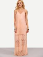 Romwe Pink Spaghetti Strap Split Lace Maxi Dress