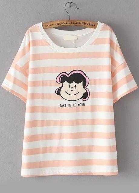 Romwe Striped Cartoon Print Orange T-shirt