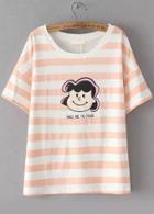 Romwe Striped Cartoon Print Orange T-shirt