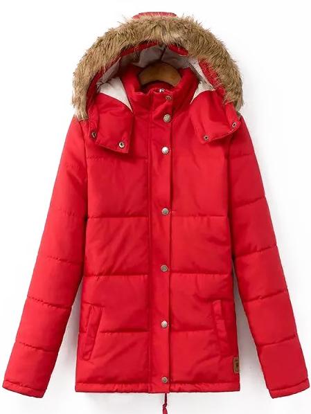 Romwe Hooded Zipper Pockets Red Coat
