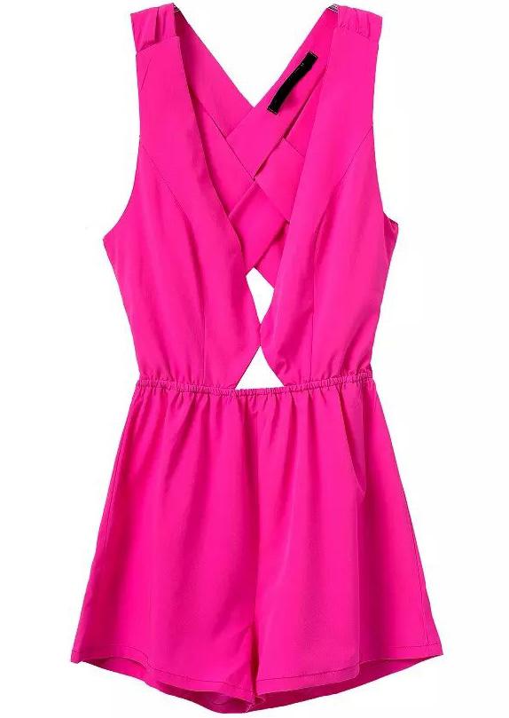 Romwe Rose Red Deep V Neck Hollow Jumpsuit