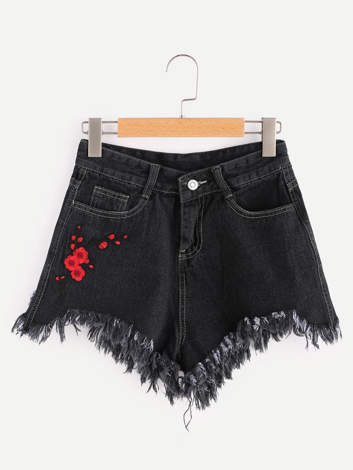 Romwe Floral Embroidered Raw Cut Fray Hem Denim Shorts