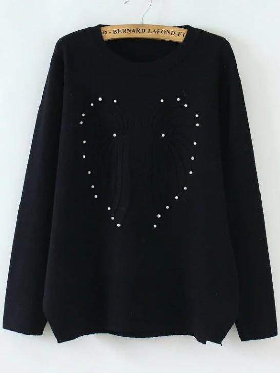 Romwe Black Beaded Round Neck Casual Sweater