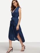 Romwe Navy Lapel Self-tie High Low Chiffon Dress With Pockets