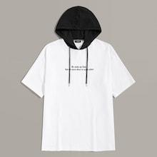 Romwe Guys Slogan Print Contrast Drawstring Hoodie Top