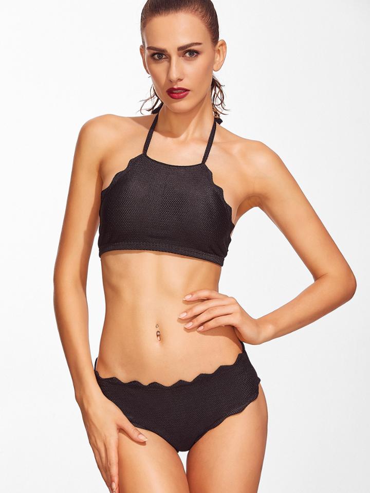 Romwe Black Scalloped Trim Halter Bikini Set