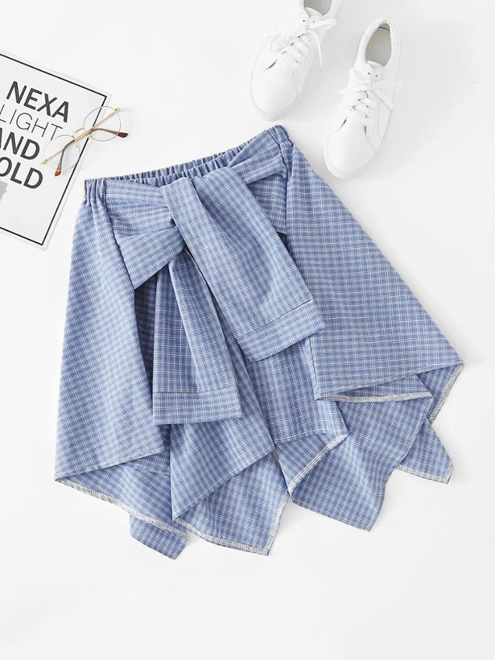 Romwe Checked Asymmetric Hem Knot Front Skirt