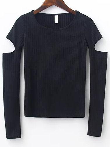 Romwe Black Round Neck Cutout Sleeve T-shirt