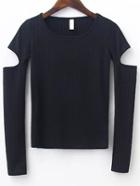 Romwe Black Round Neck Cutout Sleeve T-shirt