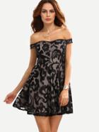 Romwe Off-the-shoulder Flower Mesh Flare Dress - Black