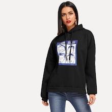 Romwe Figure Print Drop Shoulder Hoodie