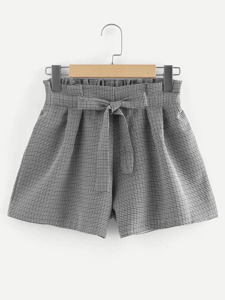 Romwe Frill Waist Belt Tie Plaid Shorts