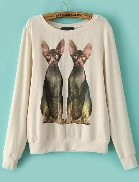Romwe Cats Print Loose Beige Sweatshirt