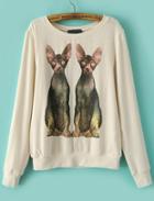 Romwe Cats Print Loose Beige Sweatshirt