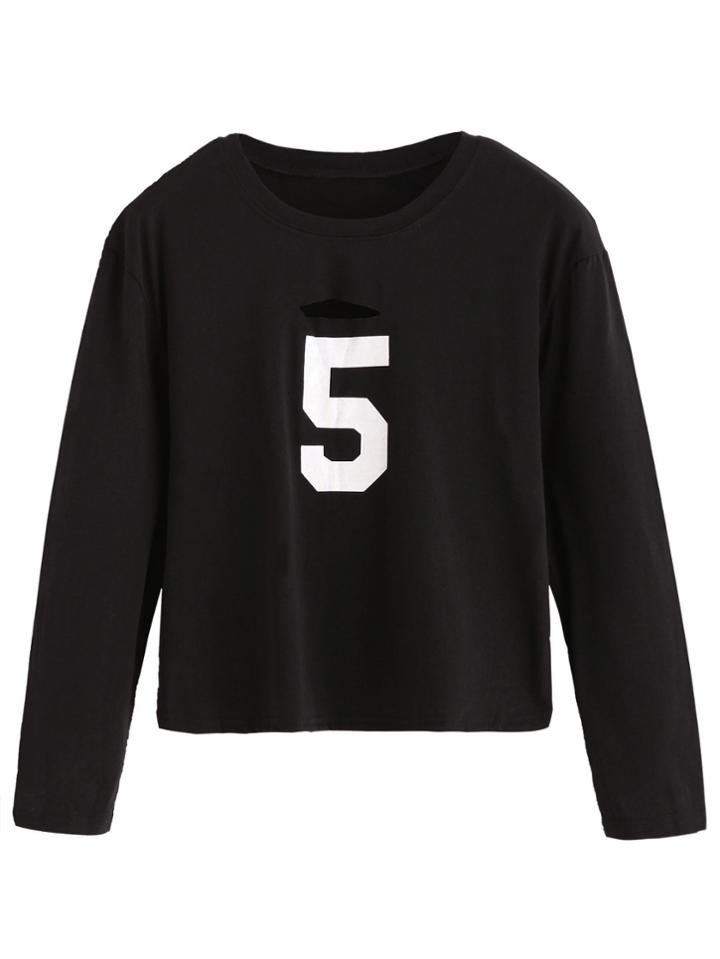 Romwe Black Number Print Cropped Distressed T-shirt
