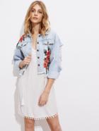 Romwe Embroidered Appliques Drop Shoulder Distressed Denim Jacket
