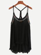 Romwe Black Frayed Strappy Racerback Embroidered Cami Top