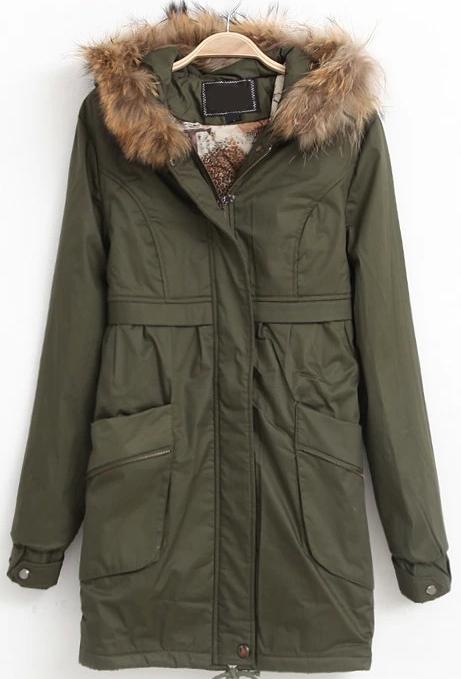 Romwe Faux Fur Hooded Pockets Green Coat