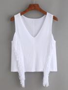 Romwe White V Neck Fringe Trim Tank Top