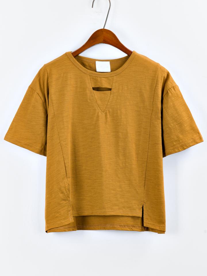 Romwe Cutout Slit Front High-low T-shirt - Khaki