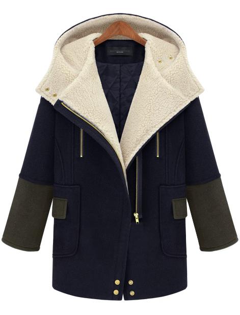 Romwe Hooded Zipper Pockets Woolen Navy Coat