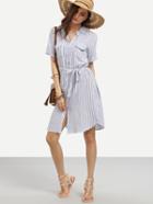 Romwe Blue Vertical Striped Self-tie Shirt Dress With Pockets