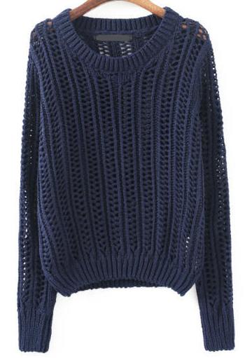Romwe Hollow Lose Navy Long Sleeve Sweater