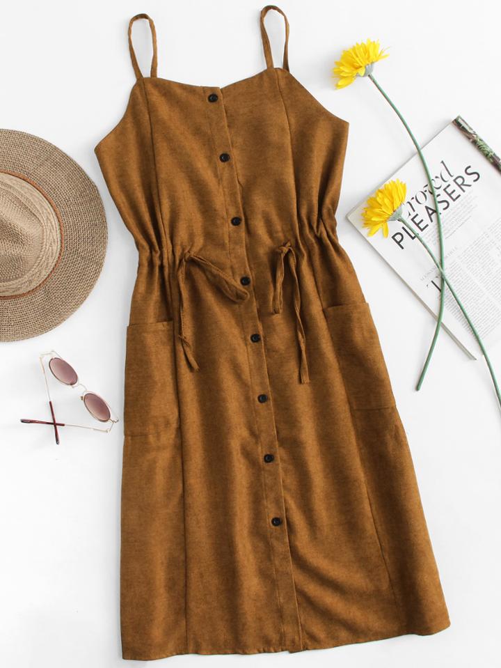 Romwe Dual Pocket Single Breasted Cami Dress