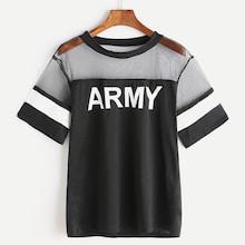 Romwe Army Print Mesh Yoke Tee