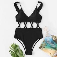 Romwe Cut-out Criss Cross Frill Trim One Piece Swimwear