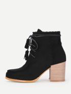 Romwe Tassel Lace Up Block Heeled Ankle Boots